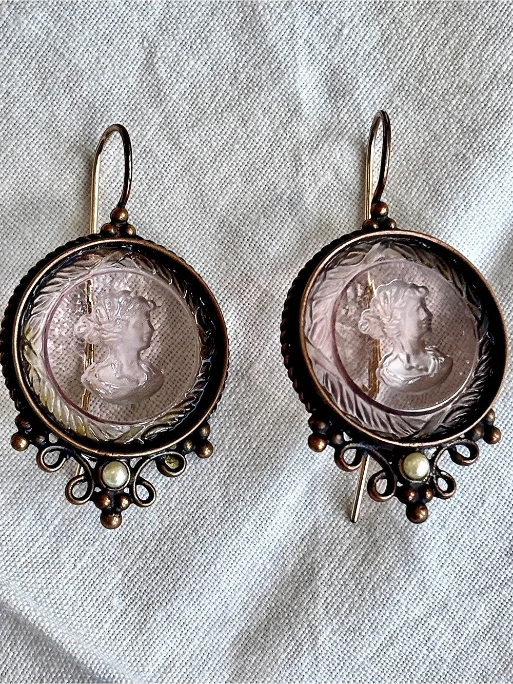 Vintage Extasia Peach Glass Intaglio Drop Earrings Victorian Revival Pearl.
